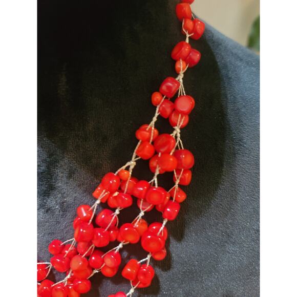 Women's Red Beaded Multi Strand Necklace With Lobster Clasp Handmade Jewelry - Picture 4 of 6